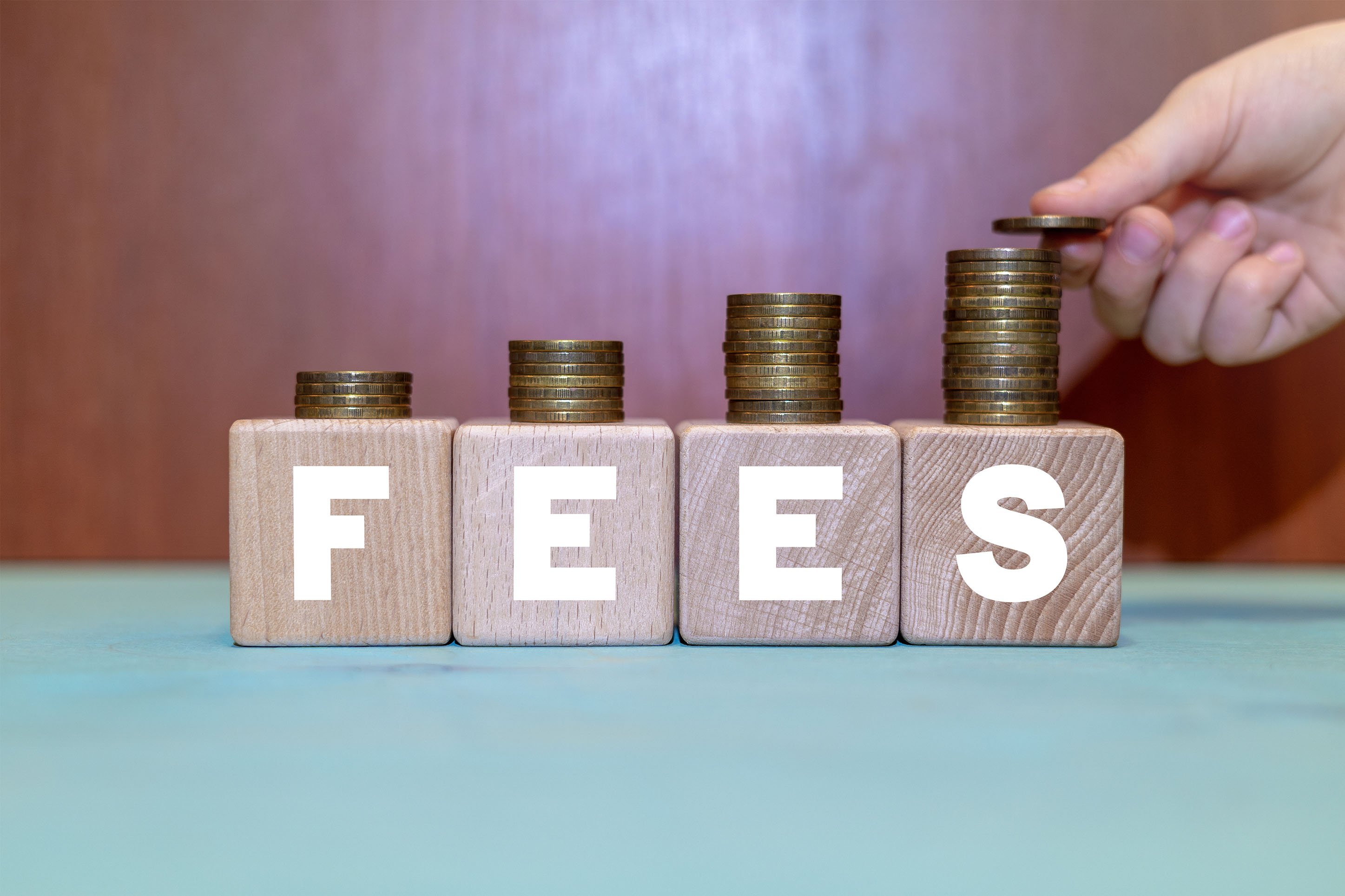 Image of the word Fees with coins on top. 