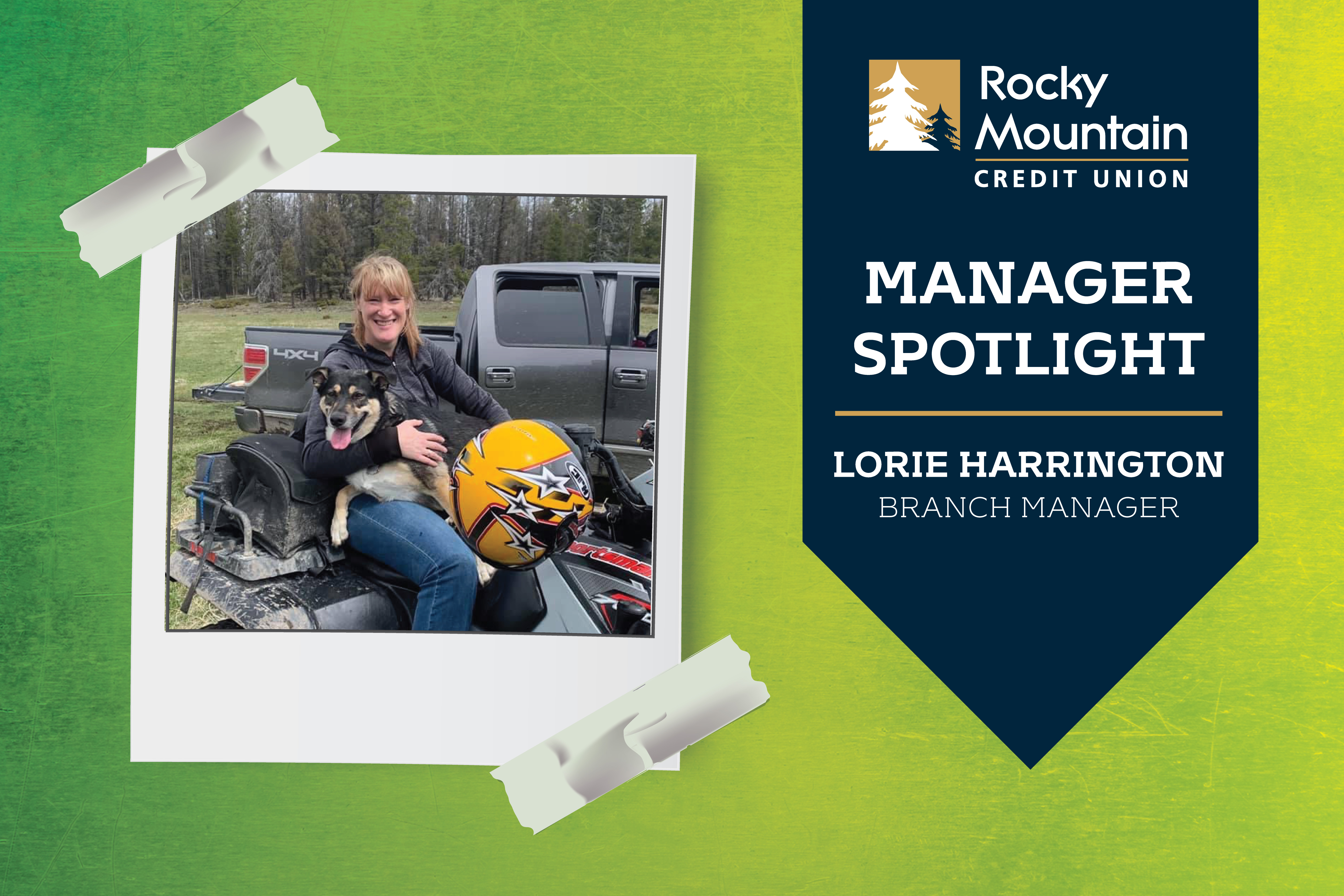 lorie harrington on a four-wheeler with her dog in her lap