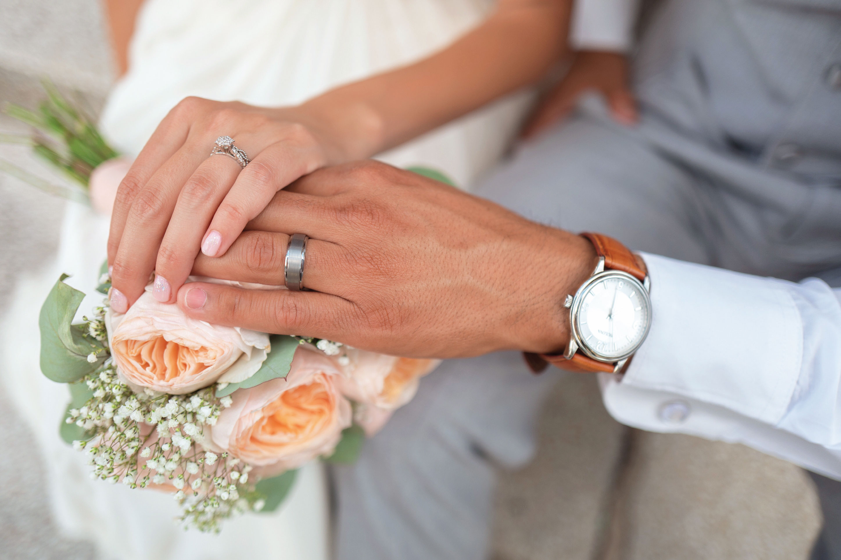 bridge and groom holding hands with wedding rings on
